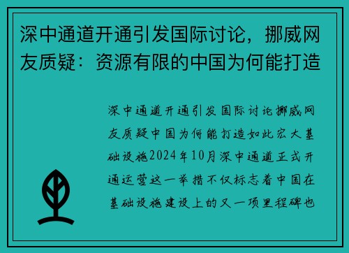 深中通道开通引发国际讨论，挪威网友质疑：资源有限的中国为何能打造如此宏大基础设施？