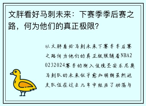 文胖看好马刺未来：下赛季季后赛之路，何为他们的真正极限？