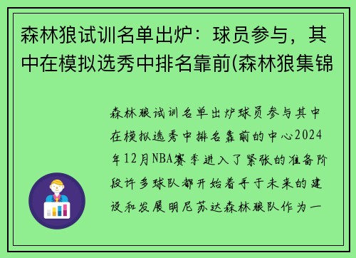 森林狼试训名单出炉：球员参与，其中在模拟选秀中排名靠前(森林狼集锦)